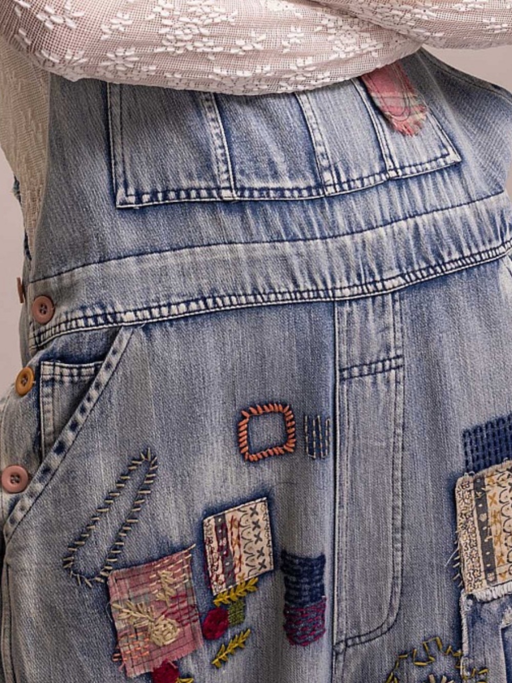 Wash Denim Patchwork Women's Wide-Leg Jeans Overalls - Picture 10 of 13